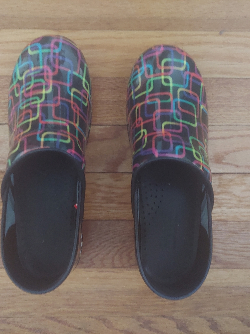 Sanita Black Clogs with Neon Multicolor Geometric Print